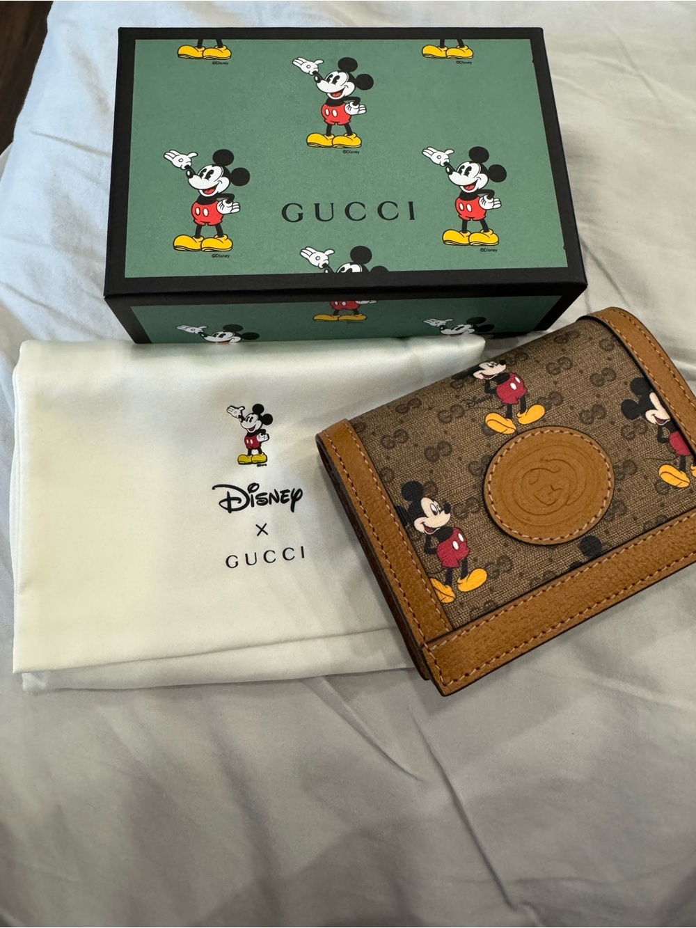 Gucci Brown GG Mickey Mouse Bi-Fold Wallet with Tan Trim